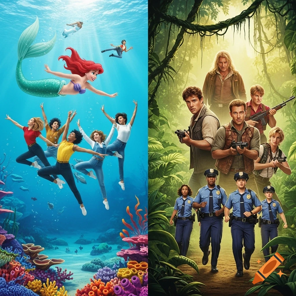 A split image showing a mermaid and dancers underwater with coral reefs on the left, and adventurers and police officers in a jungle on the right.