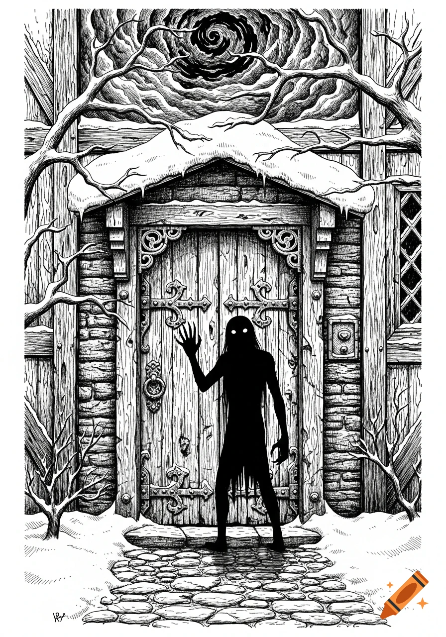 Gothic black and white ink drawing of a shadowy, glowing-eyed creature with clawed hands by a snowy wooden door and bare trees.