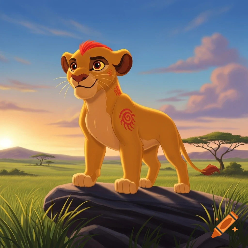 A cartoon lion with a red mohawk and tribal markings on its shoulder stands on a rock in a savanna at sunset.