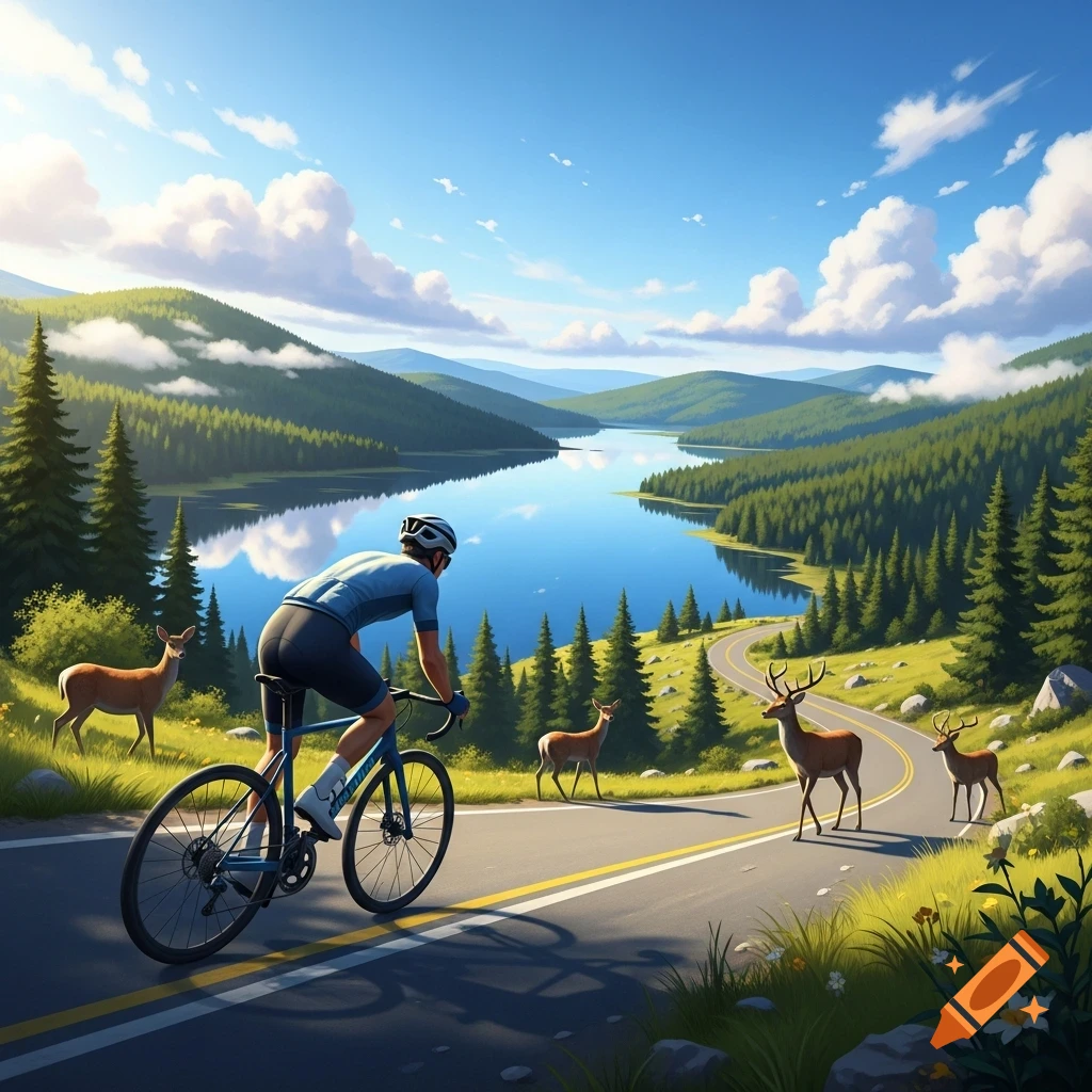 A cyclist rides a bike on a winding road next to a serene lake surrounded by mountains and pine forests, with several deer nearby.