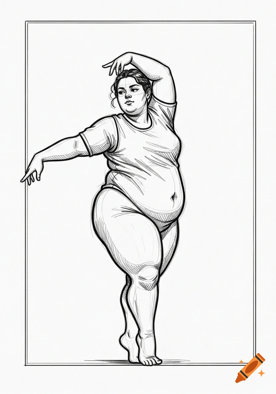 Black and white sketch of a full-figured woman posing in a figure drawing style.