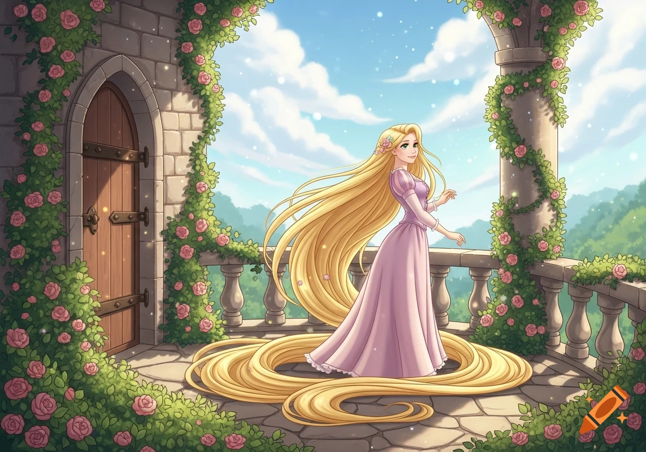 Anime-style Rapunzel with incredibly long blonde hair on a rose-covered castle balcony.