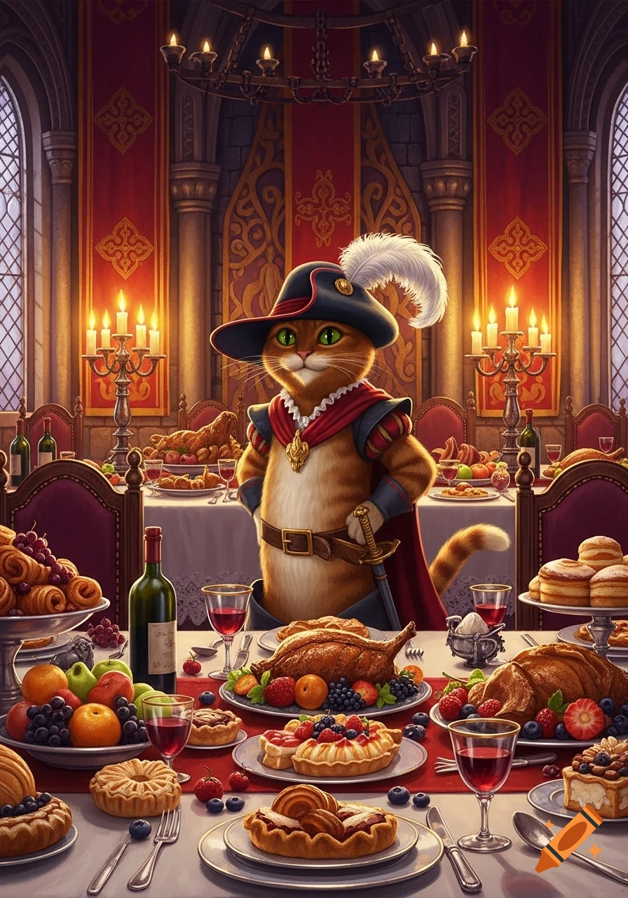 Puss in Boots stands at a lavish banquet table laden with food and wine in a grand, candlelit hall.