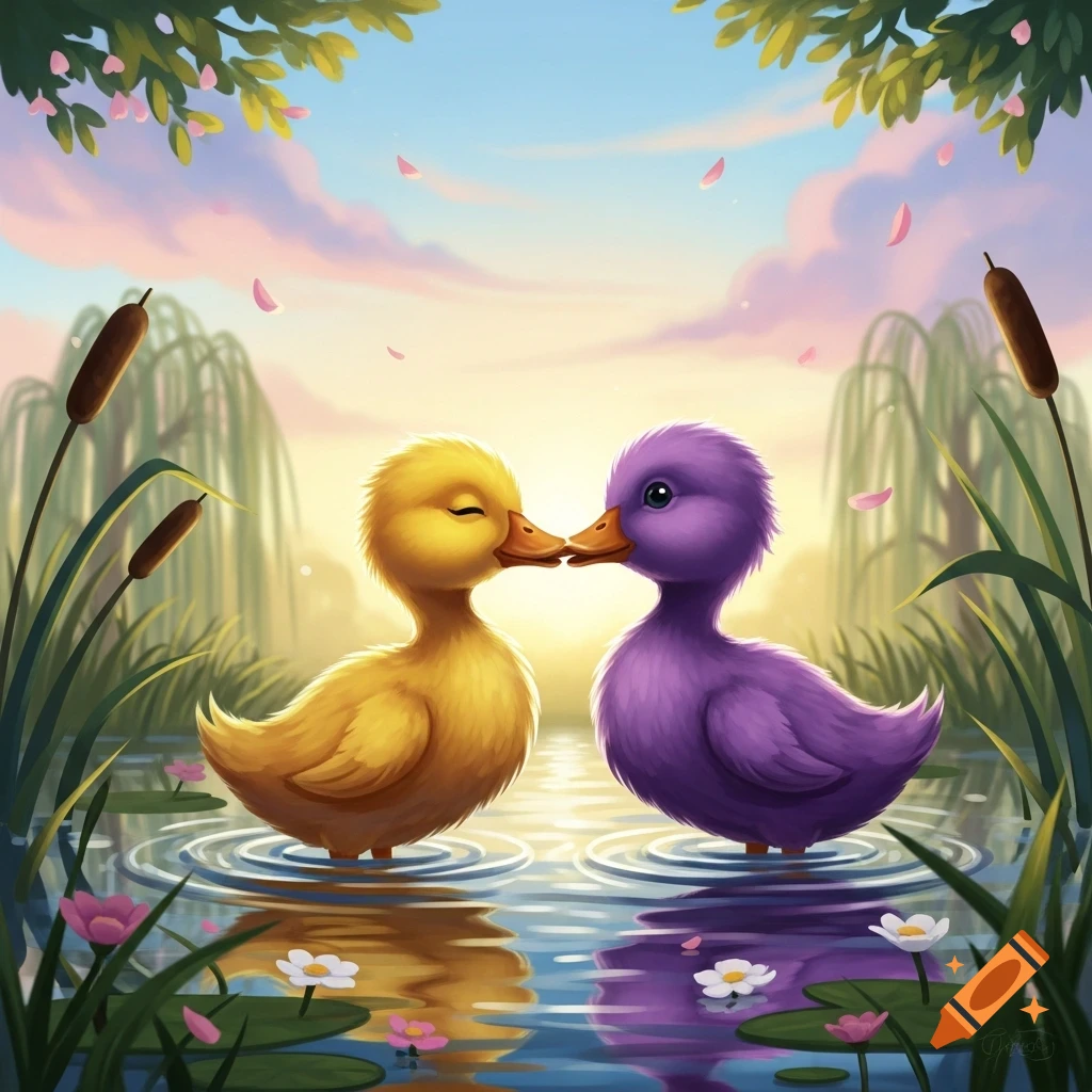 A cute yellow duckling and a purple duckling kiss in a pond with lily pads and cattails under a sunset sky. Cartoon illustration.