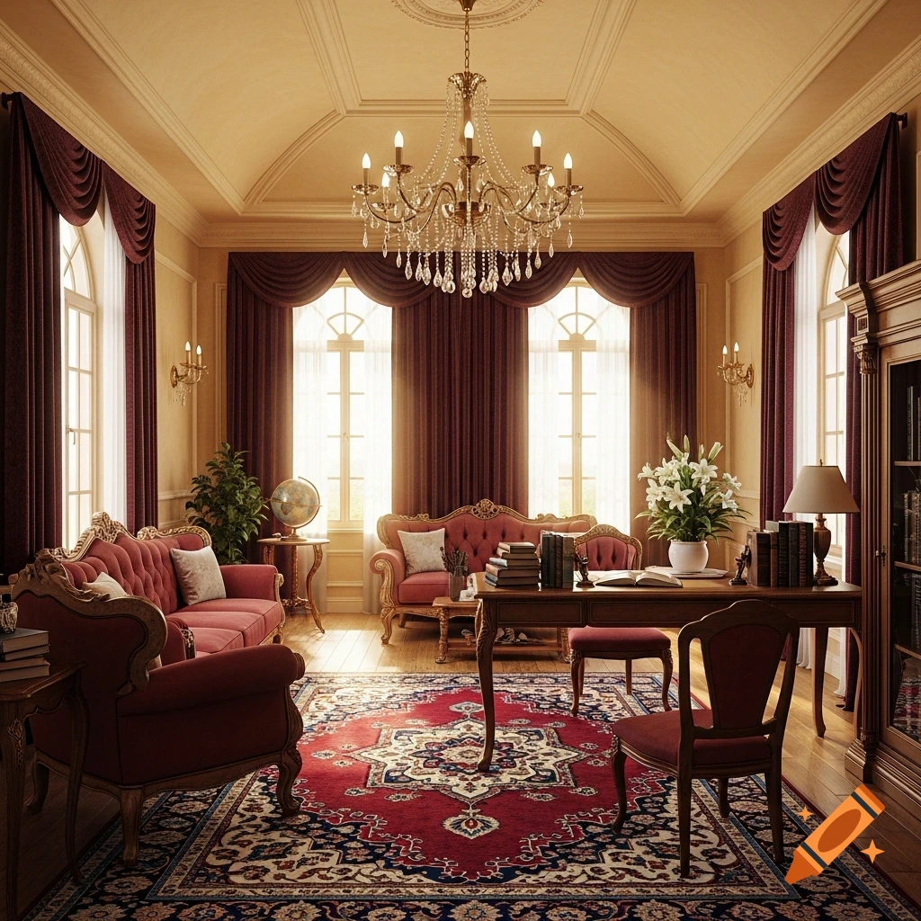 A grand, classical study room featuring ornate red upholstered furniture, a large crystal chandelier, and a detailed Persian rug.