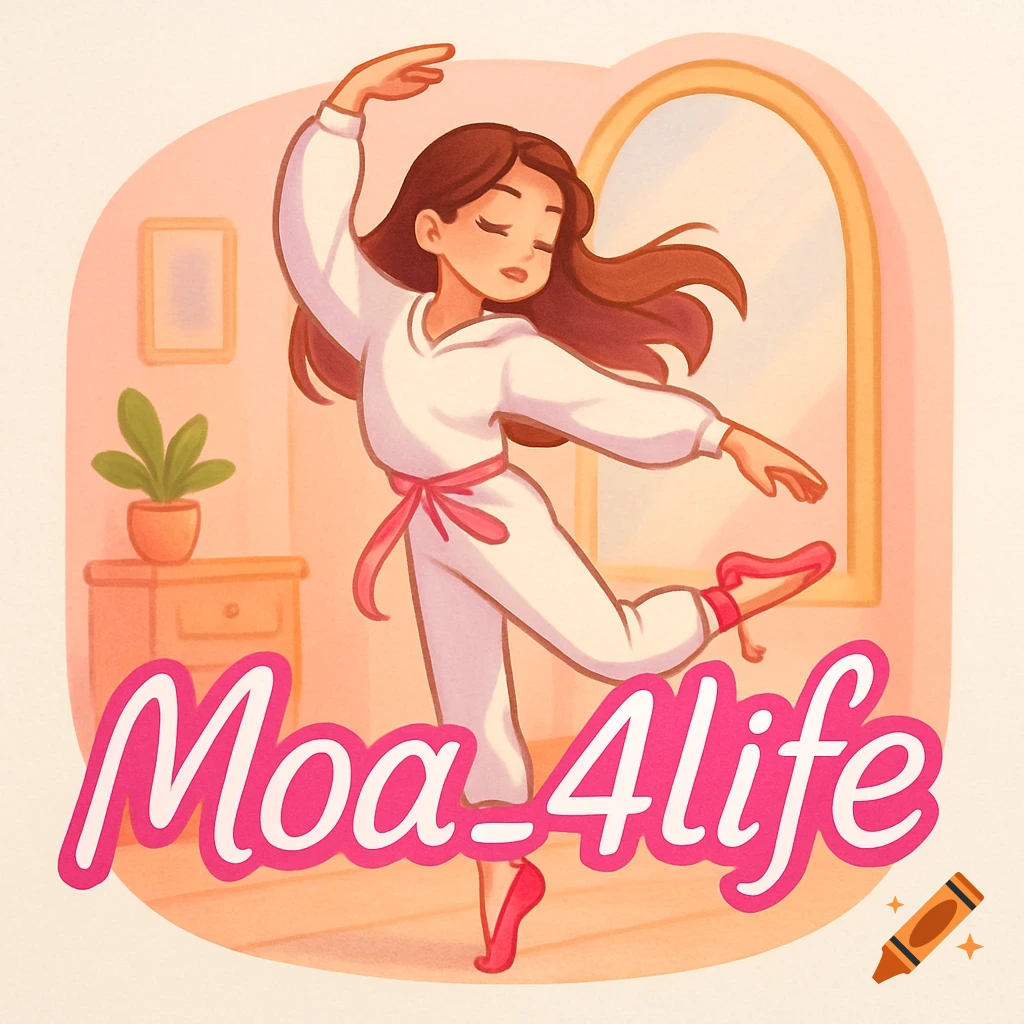 Stylized illustration of a girl with brown hair dancing in a white jumpsuit with pink ribbons, with 'Moa_4life' text.