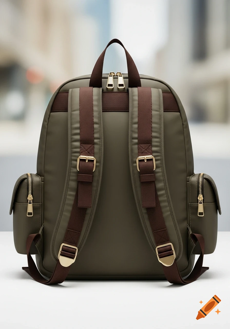 A photorealistic image of a greenish-gray backpack with brown adjustable straps and gold buckles, viewed from the back.