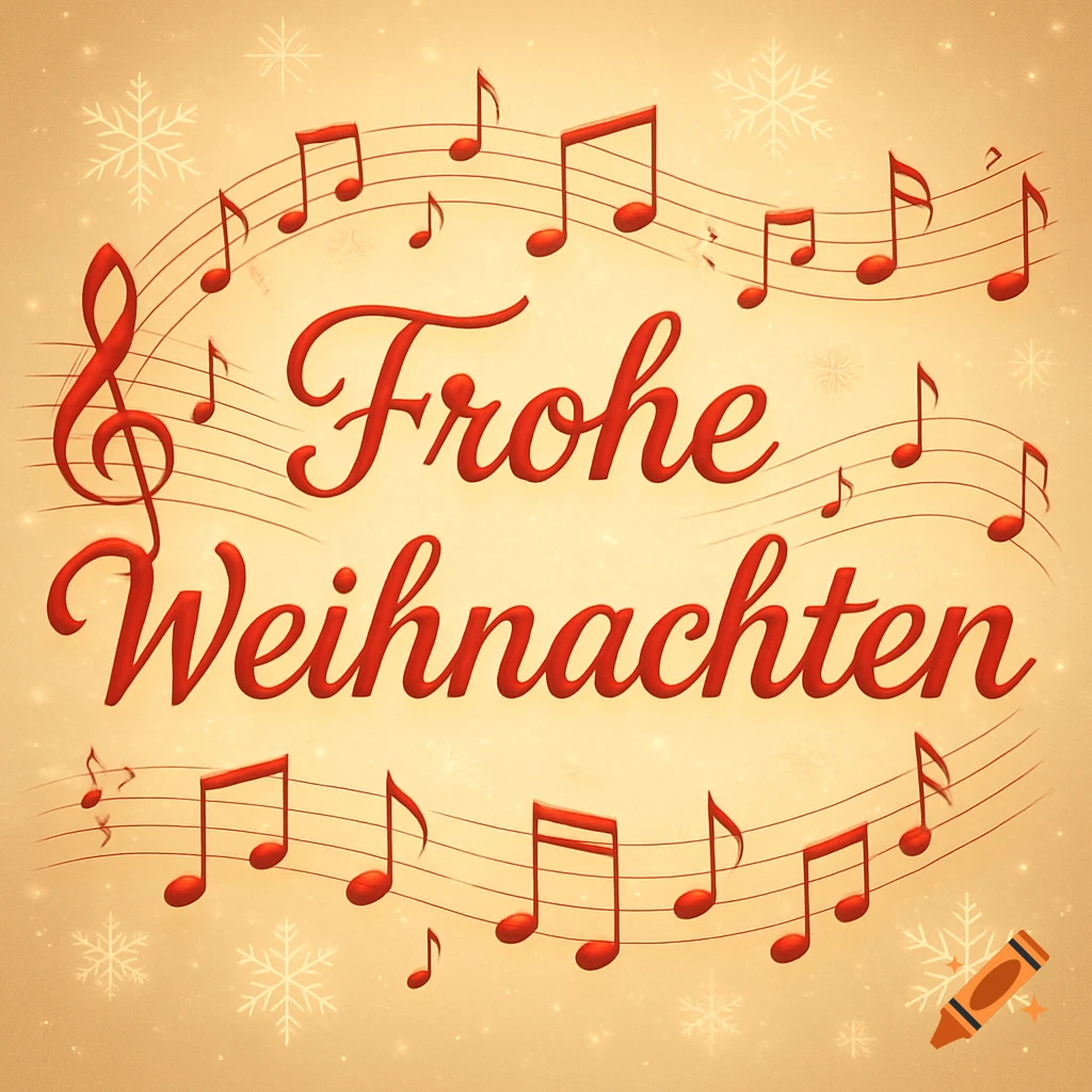 A festive cream-colored background with red script text "Frohe Weihnachten" (Merry Christmas), surrounded by musical notes and snowflakes.