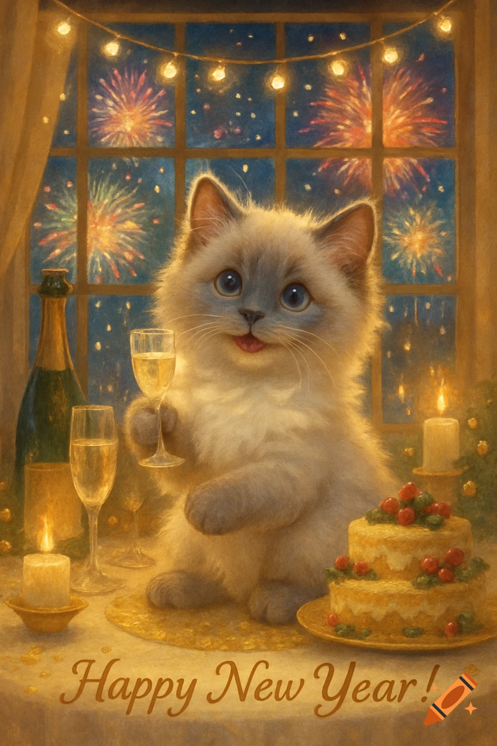 A fluffy Ragdoll kitten celebrates New Year's with a champagne glass, cake, and fireworks outside, with 'Happy New Year!' text.
