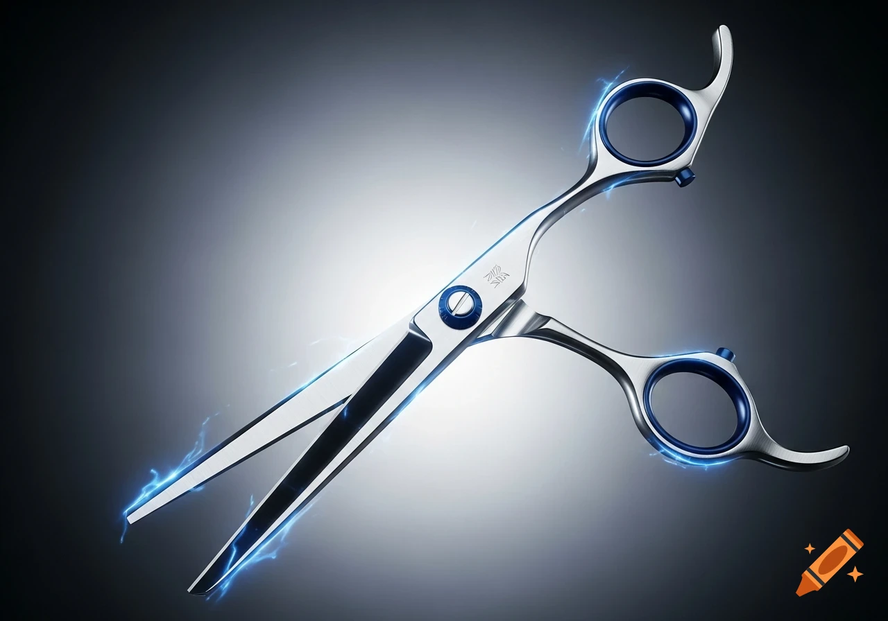 A sleek, silver and blue pair of scissors with glowing blue electrical accents, set against a gradient dark background.
