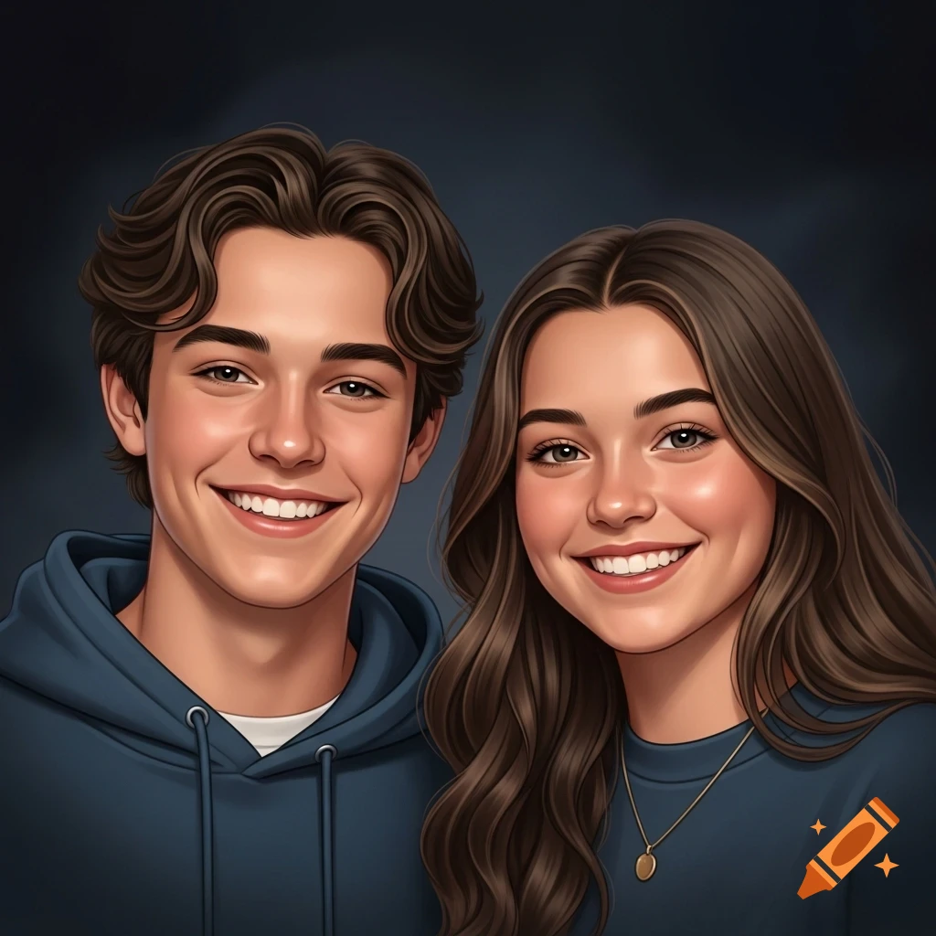 Digital illustration of a smiling teenage boy in a blue hoodie and a smiling teenage girl in a blue top with a necklace, side by side.