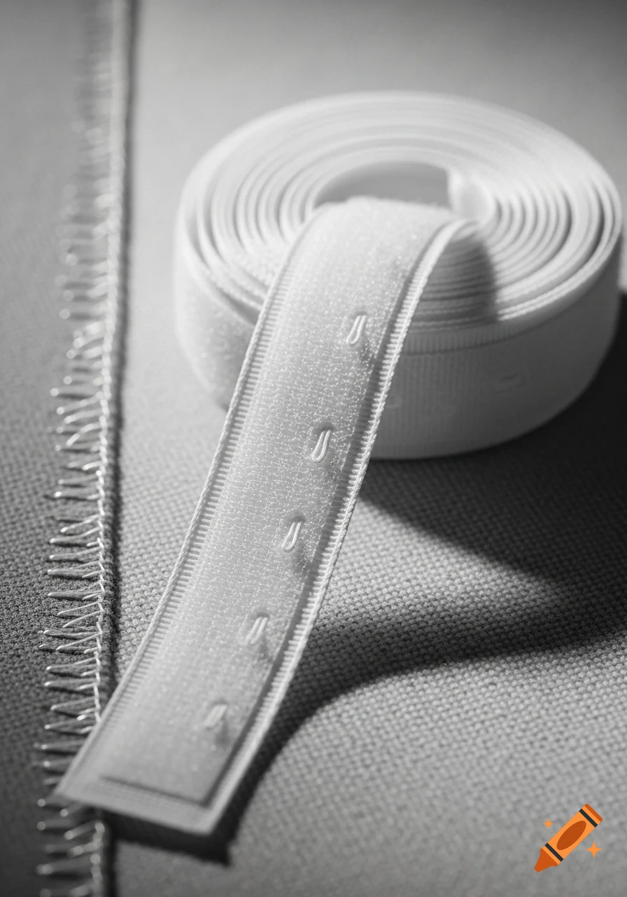 A close-up, monochromatic shot of a white roll of hook-and-loop fastener tape and stitching on gray fabric.