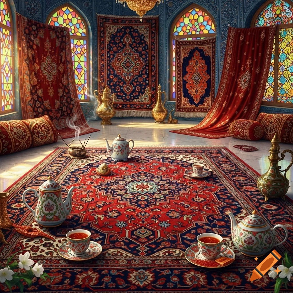 Opulent room with intricate red and blue Persian rugs, golden teapots, delicate teacups, and vibrant stained-glass windows.