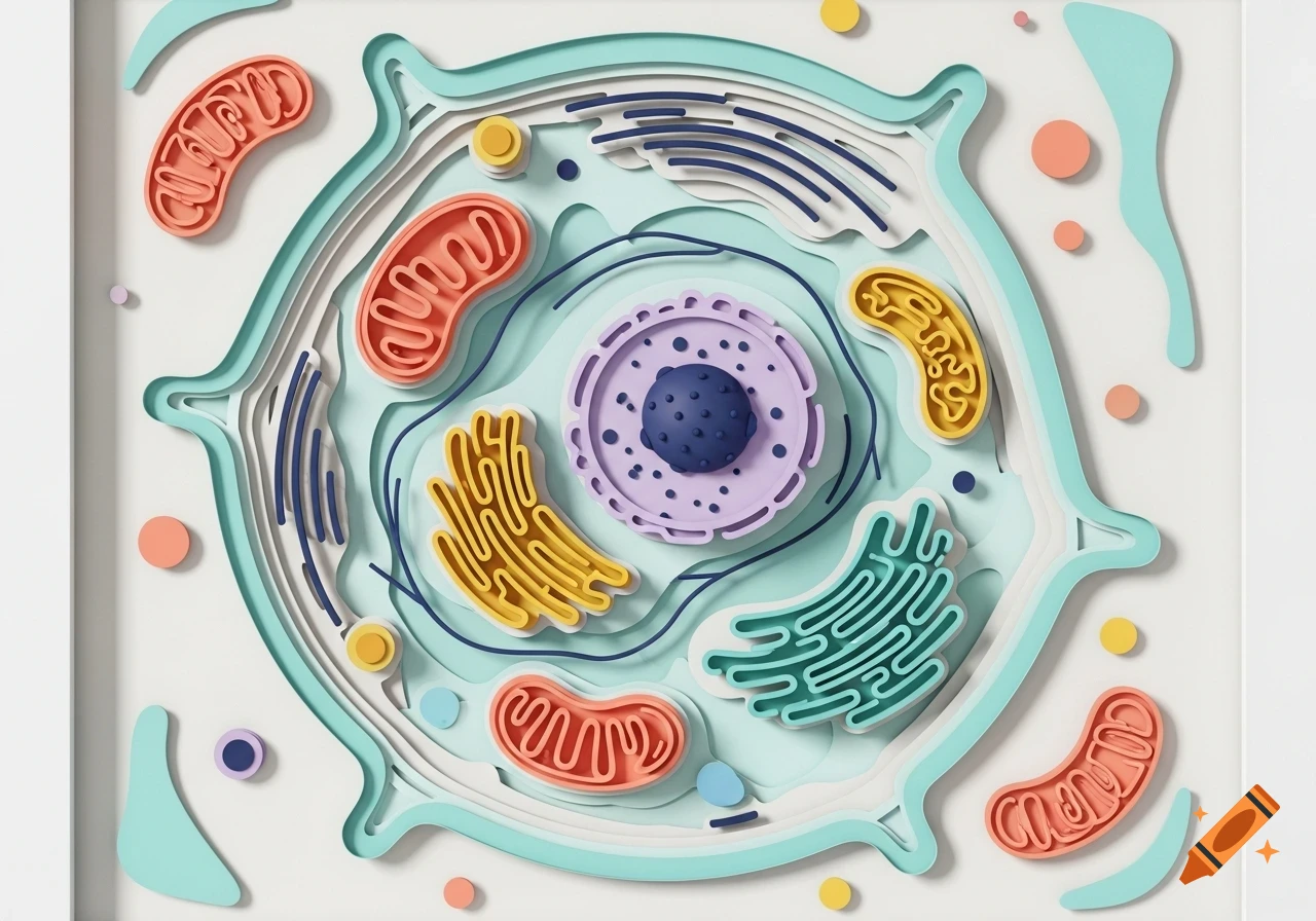 A colorful layered paper art illustration of an animal cell with various organelles.