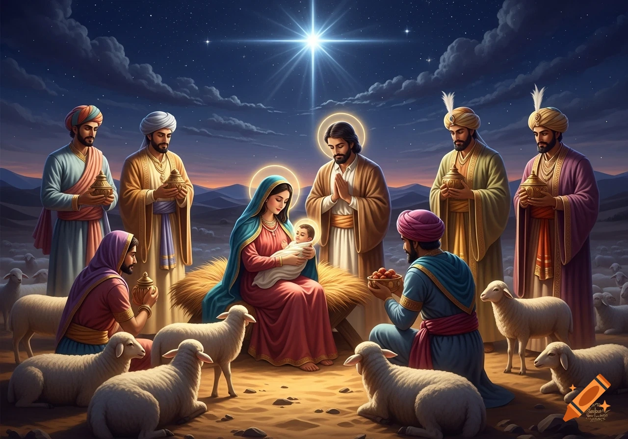 Illustrative Nativity scene with Mary, Joseph, Baby Jesus, wise men, and shepherds of Indian ethnicity under a starry night.