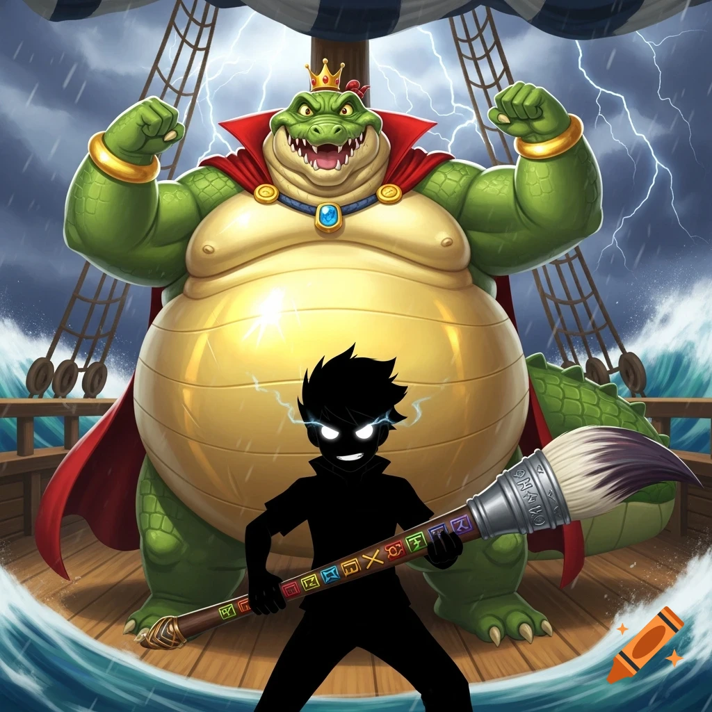 A cartoony, obese green crocodile king in a red cape flexing on a stormy pirate ship. A black silhouette boy with glowing eyes holds a runic paintbrush.
