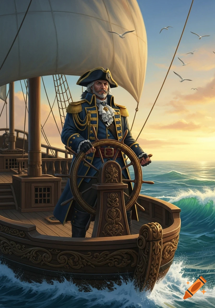 A majestic painting of a grizzled male captain in a blue naval uniform steering a large wooden sailing ship on a wavy ocean at sunset.
