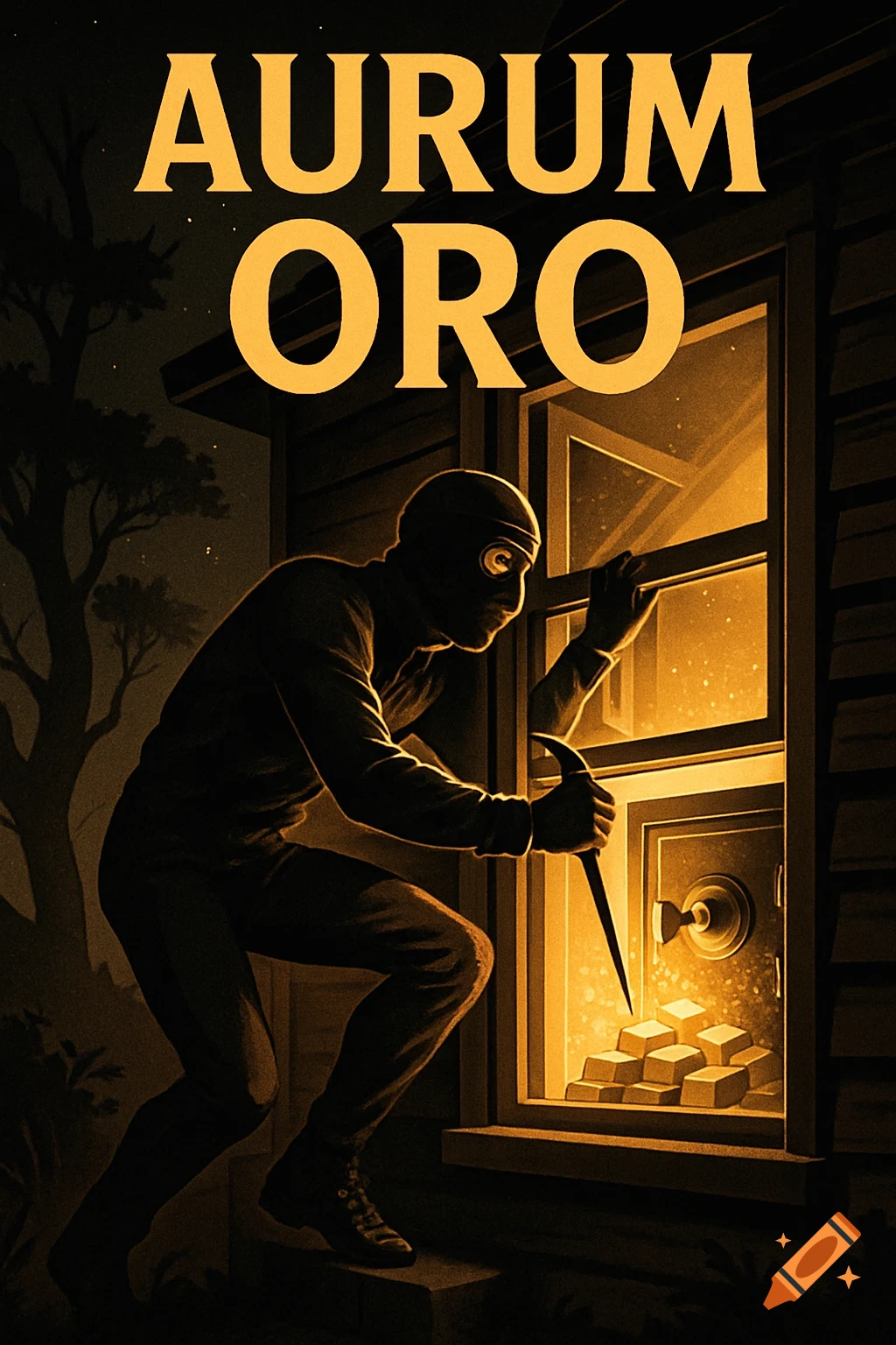A stylized illustration depicts a burglar breaking into a window at night to steal gold bars from a safe. Text 'AURUM ORO' is at the top.