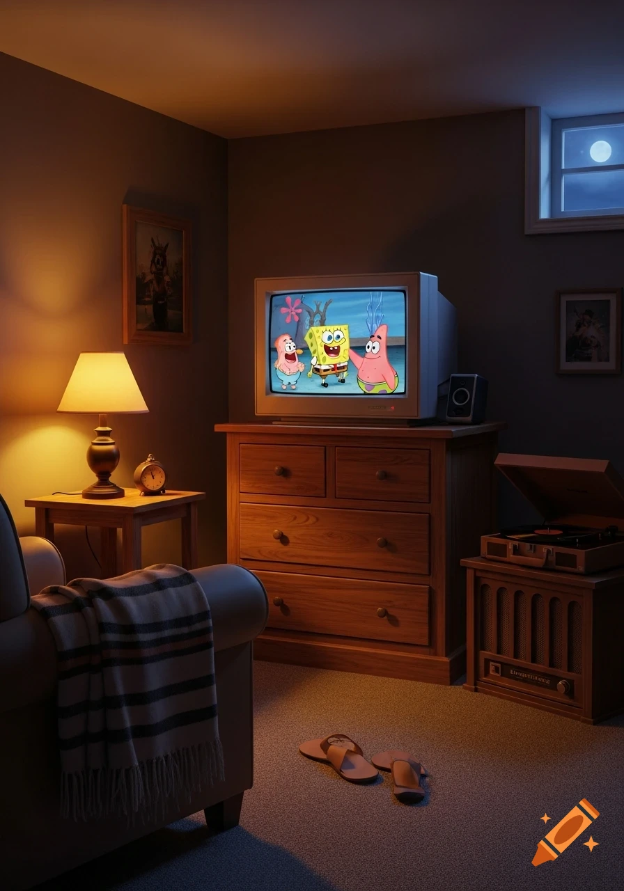 A warm, dimly lit basement room at night, with an old CRT TV playing Spongebob Squarepants and Patrick Star. An armchair with a blanket, a lamp, a dresser, and a record player are visible, with slippers on the carpeted floor.