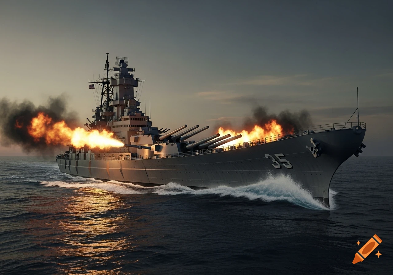 A large grey battleship with number 35 on its bow fires its main guns in a full broadside, creating fiery explosions and smoke over dark ocean waters with golden reflections under a hazy sky.
