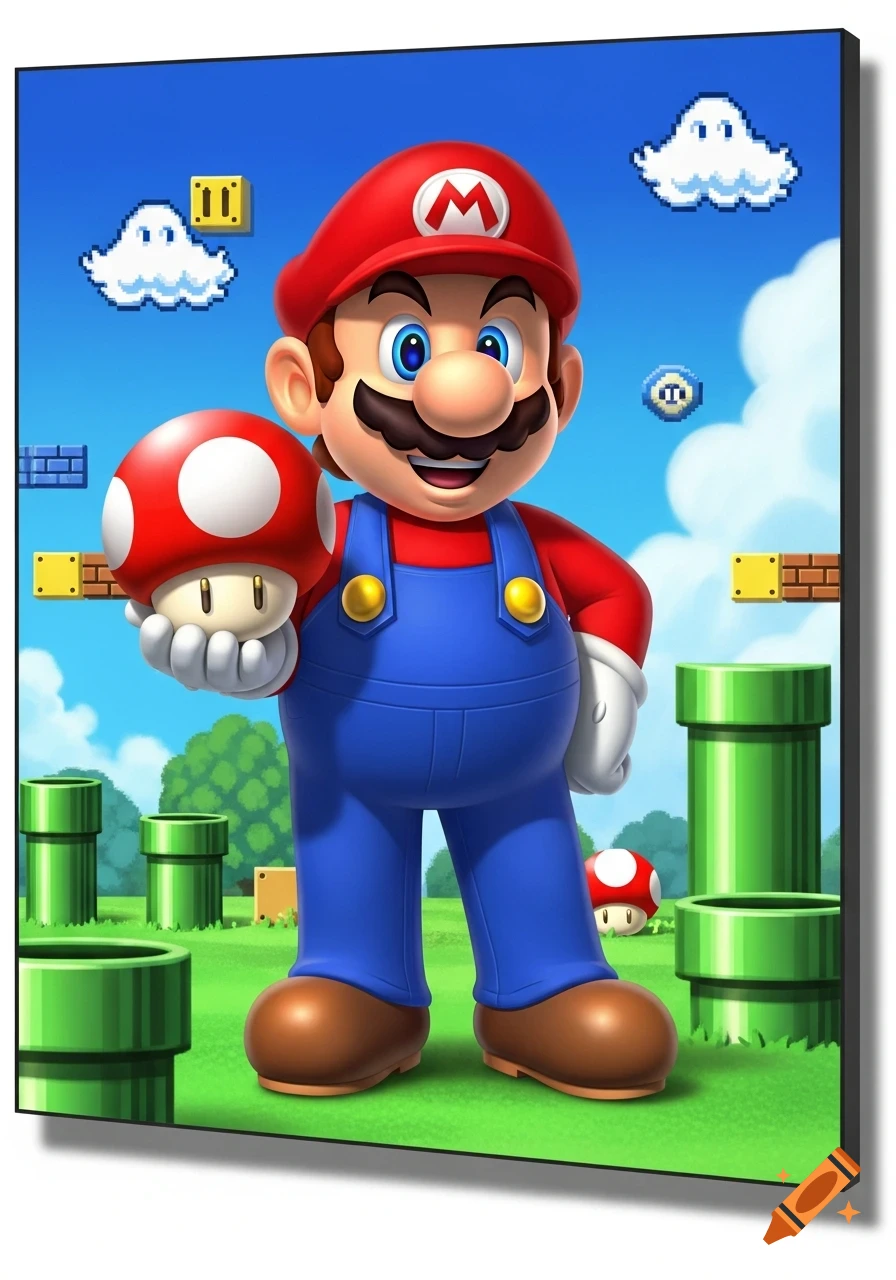 Mario holds a Super Mushroom in a vibrant Super Mario Bros. inspired landscape with pixelated clouds and blocks.
