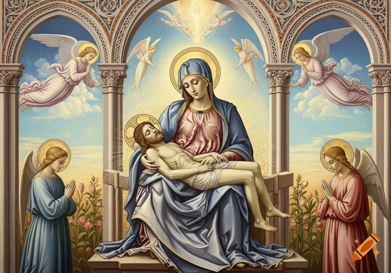 Fra Angelico style painting of the Pieta, with Mary cradling Jesus's body, surrounded by angels under ornate arches.