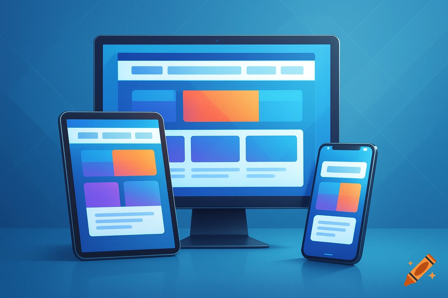 Illustration of a desktop monitor, tablet, and smartphone displaying abstract user interface layouts for responsive design.