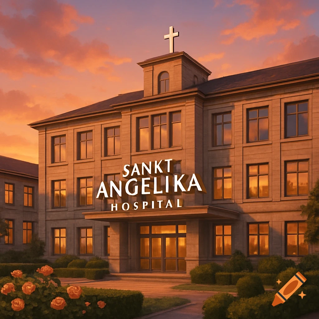A large hospital building named 'Sankt Angelika Hospital' with a cross on top, against a vibrant sunset sky, with rose bushes in the foreground.