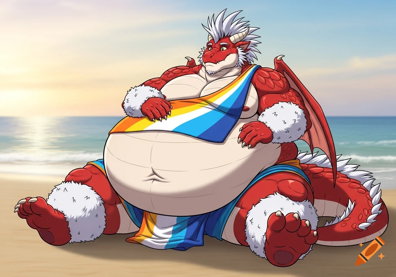 A cartoon, extremely obese, red anthropomorphic dragon with a white mohawk and fur, wearing a loincloth, sitting on a sandy beach.