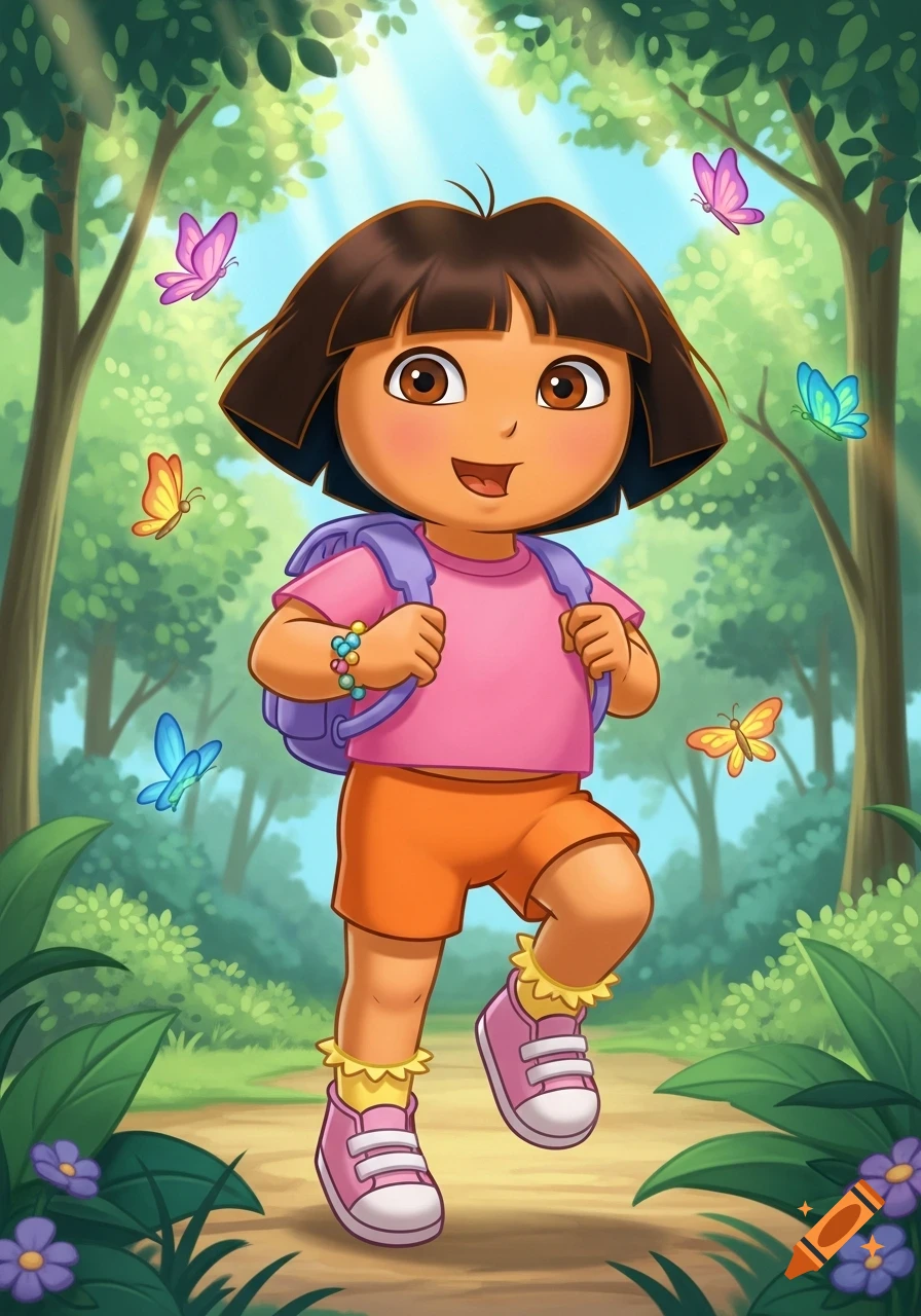 Cartoon illustration of Dora the Explorer bouncing happily on a sunny forest path, surrounded by butterflies and lush greenery.
