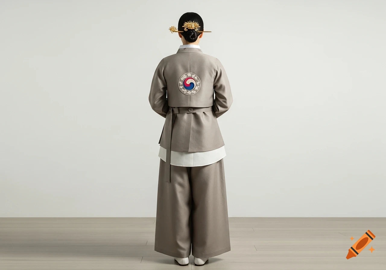 A person from behind, wearing modern grey Hanbok with a circular Taeguk emblem on the jacket, wide pants, and a golden hair ornament, against a white background.