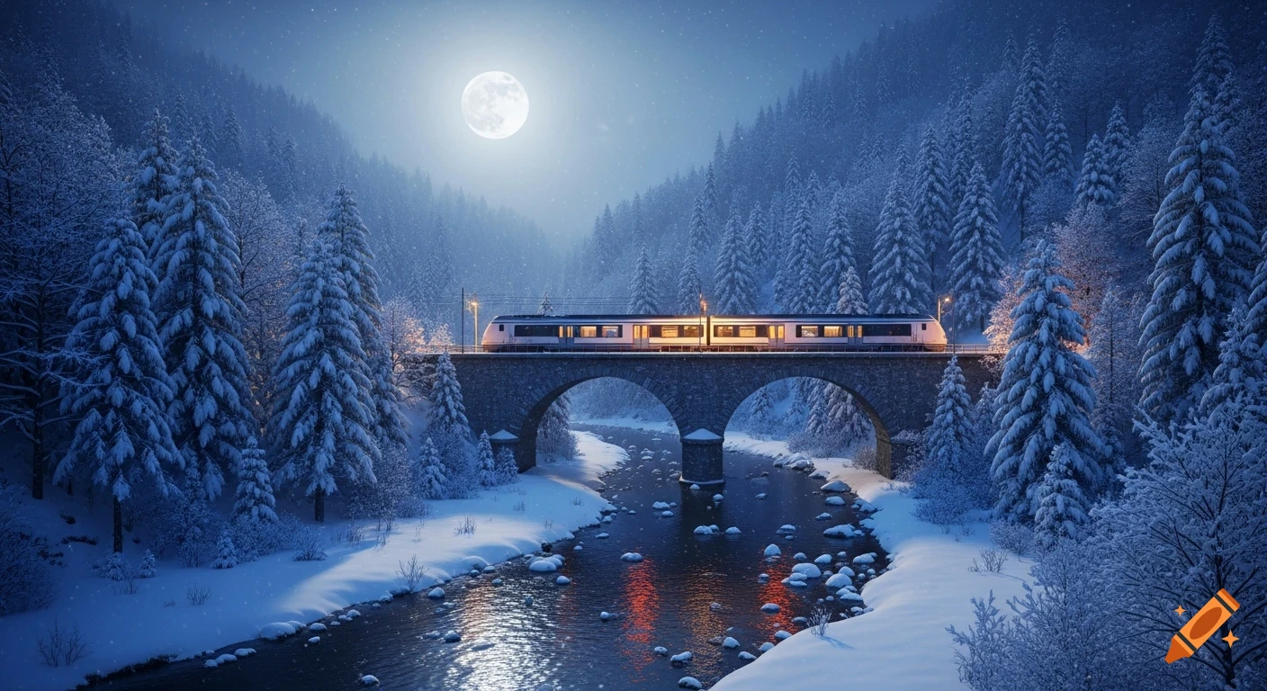A photorealistic winter night landscape with a full moon over a snow-covered forest. A train crosses a stone bridge over a river, with lights glowing.