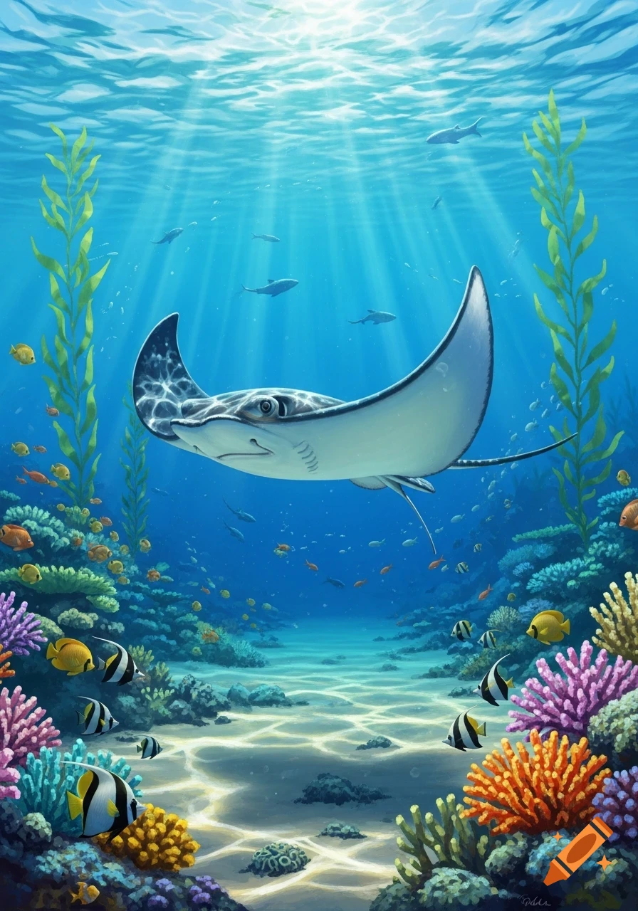A vibrant underwater scene with a spotted eagle ray swimming above a colorful coral reef, surrounded by various tropical fish, with sunlight streaming from the surface.