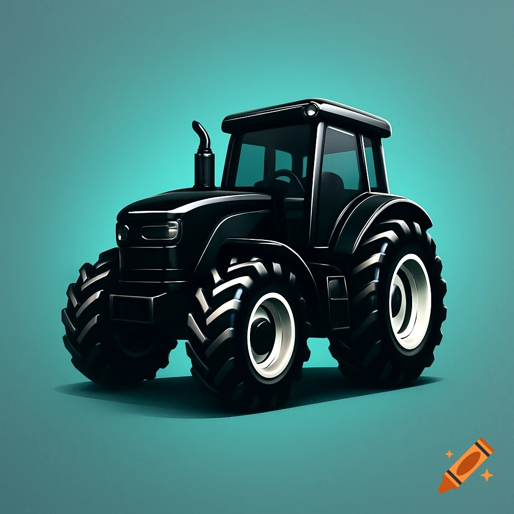 A stylized black 3D animated tractor logo with black and white tires, set against a teal background.