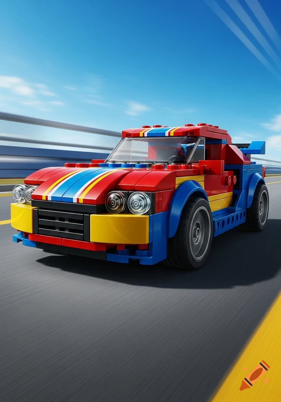 A colorful red, blue, and yellow Lego race car with stripes speeds down a road under a clear blue sky.