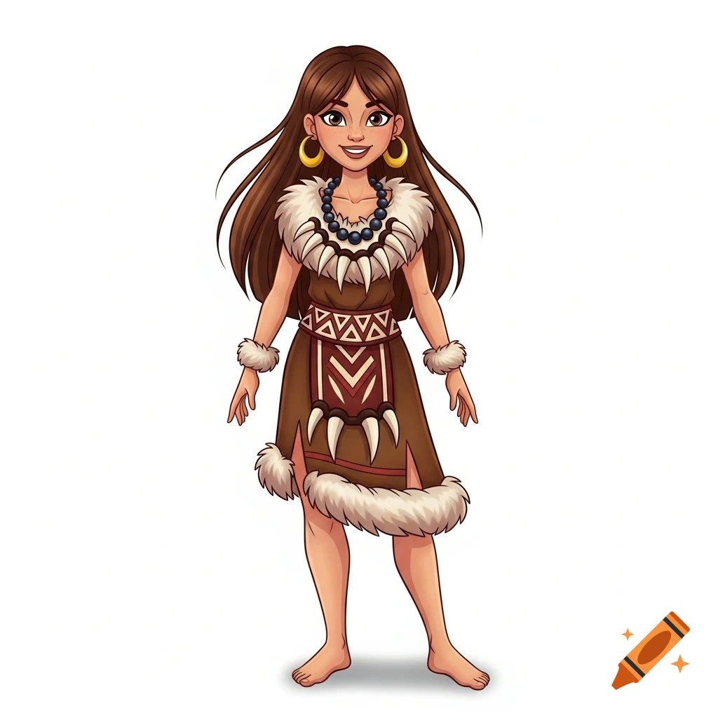 A stylized 2D cartoon tribal girl with long brown hair, wearing a fur-trimmed dress, large gold earrings, and a beaded necklace, smiling and standing barefoot on a white background.