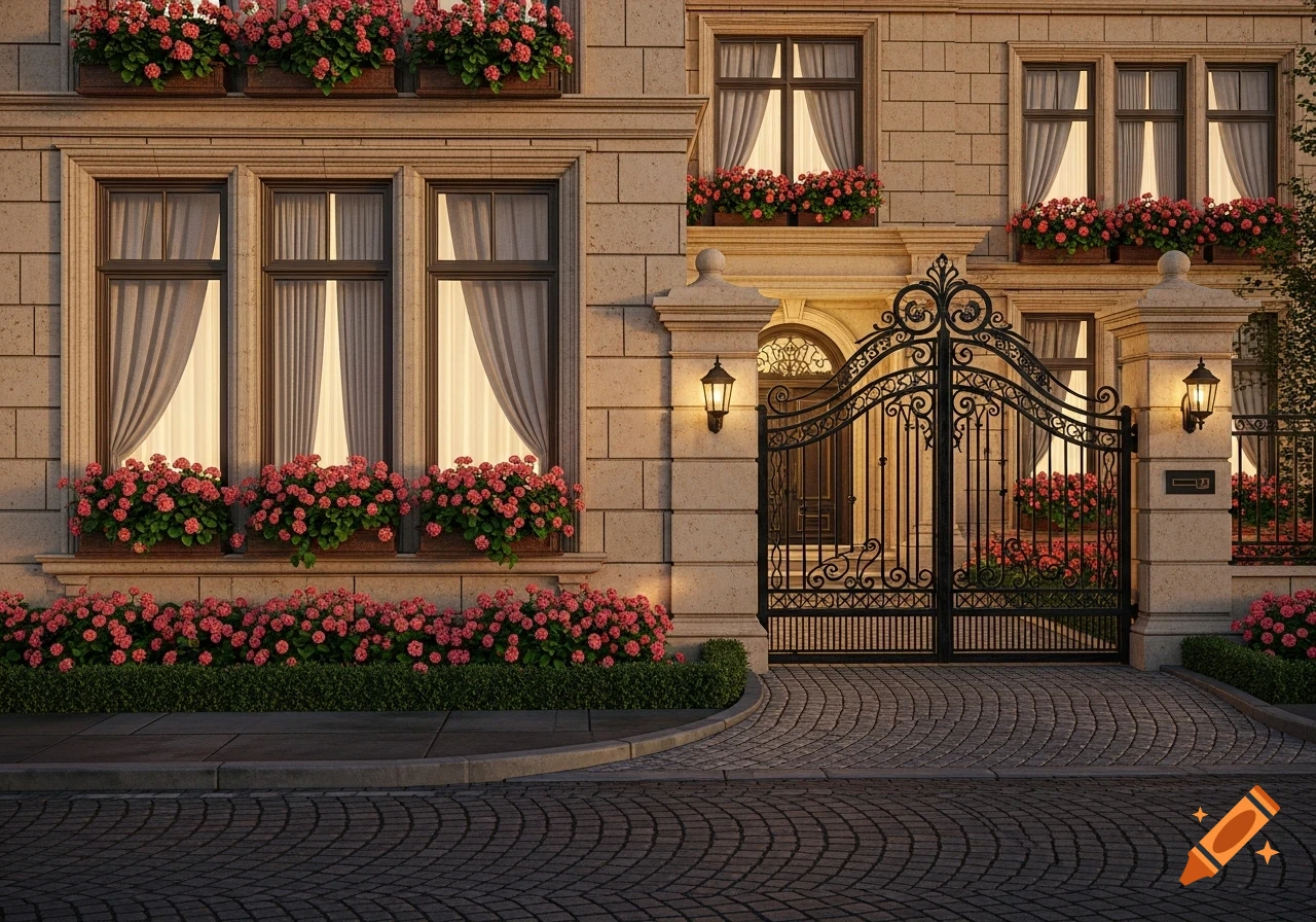 Grand stone building facade with windows, pink geraniums in window boxes, and an ornate black iron gate, bathed in warm sunlight.