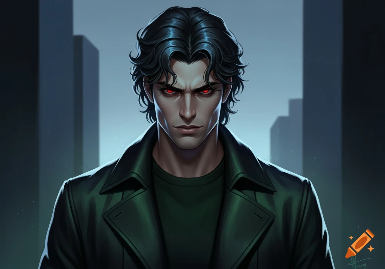 Close-up anime-style portrait of a stern man with dark wavy hair and piercing red eyes, wearing a dark trench coat.