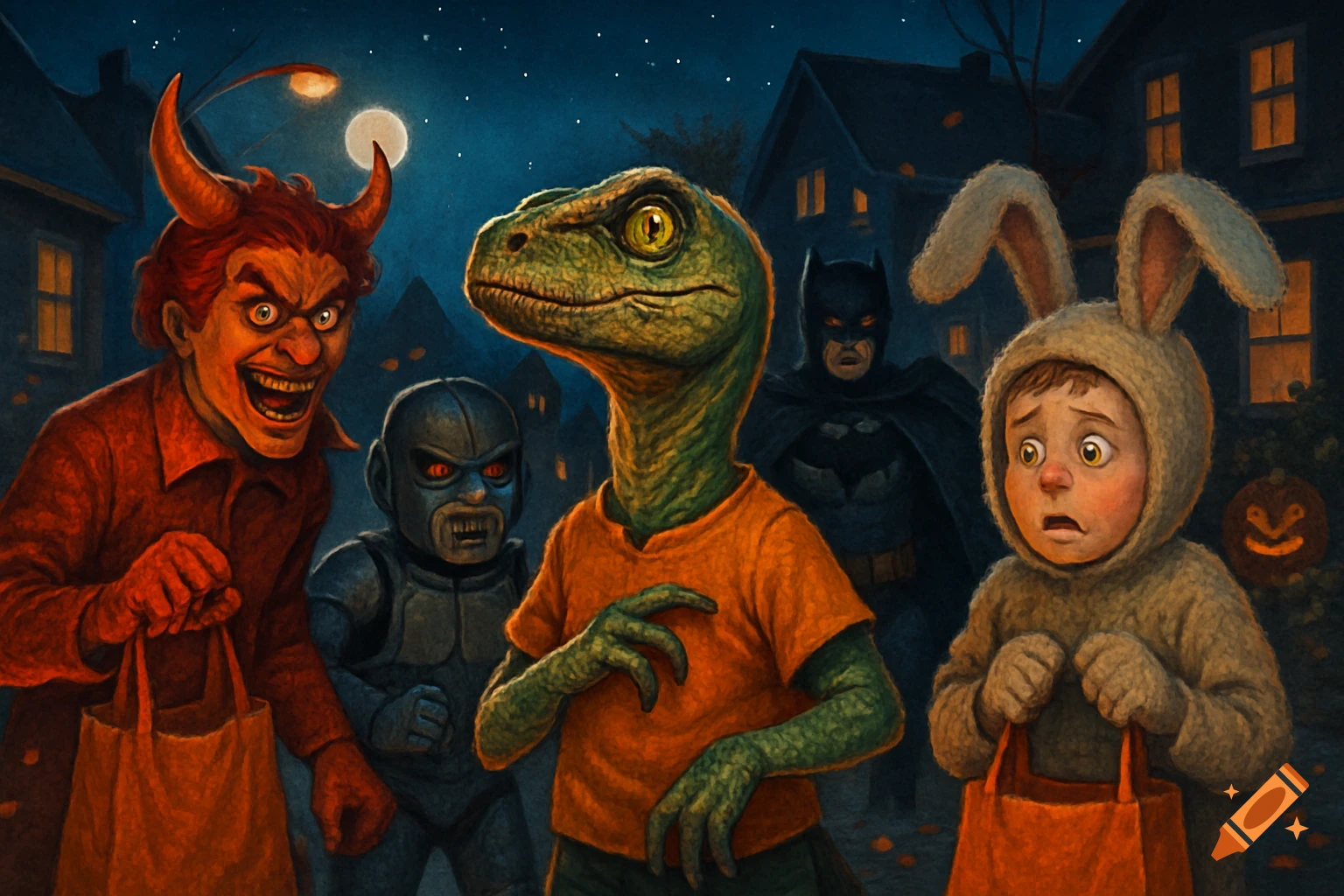 Illustrated Halloween scene: kids trick-or-treating. Costumes: grinning devil, robot, velociraptor, Batman, and scared bunny.