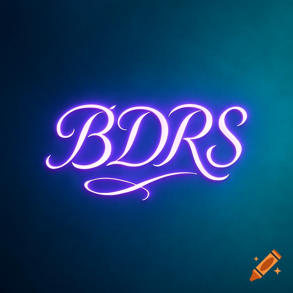 Neon violet text 'BDRS' in a script font on a dark blue and turquoise gradient background.