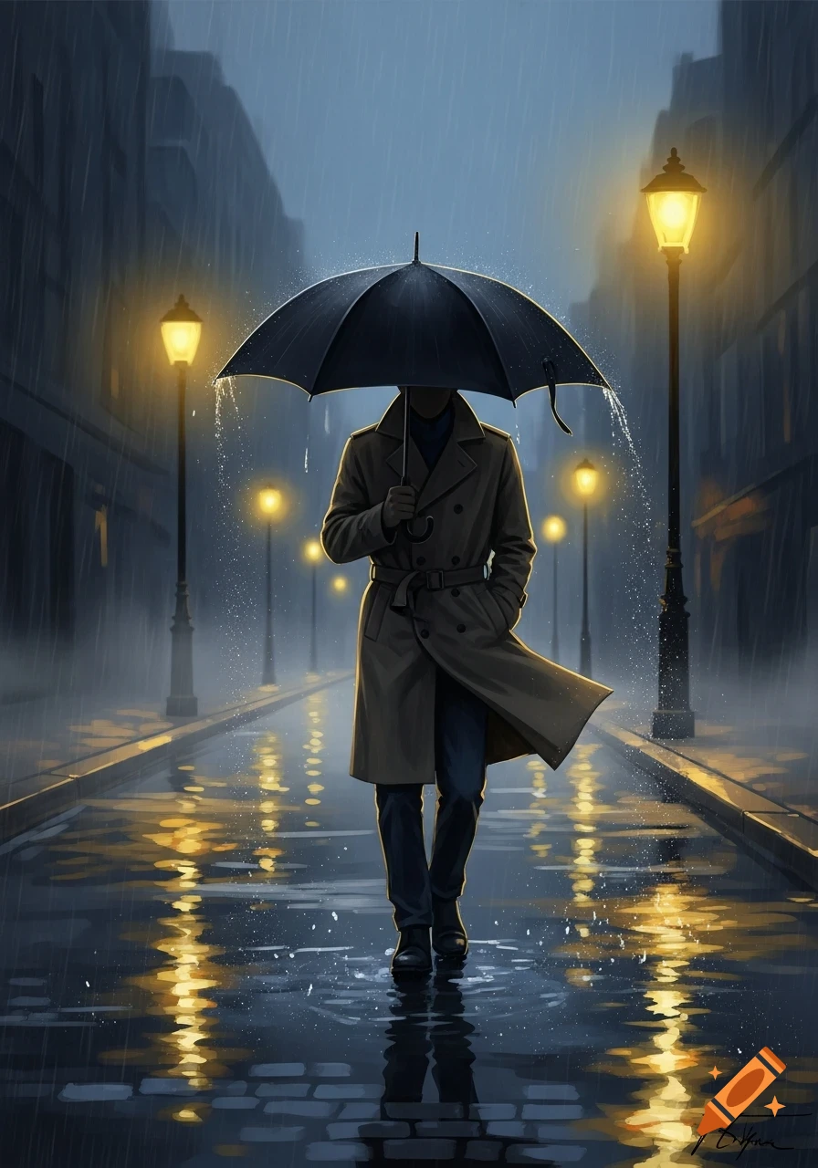 Stylized illustration of a lone man in a trench coat walking down a rainy city street at night, holding a black umbrella.
