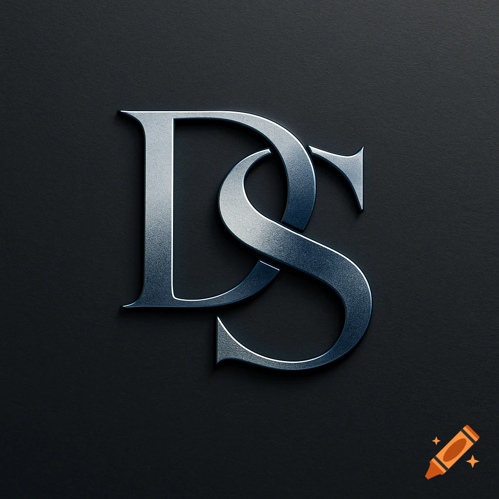 A metallic silver monogram logo of the intertwined letters 'DS' on a dark textured background.