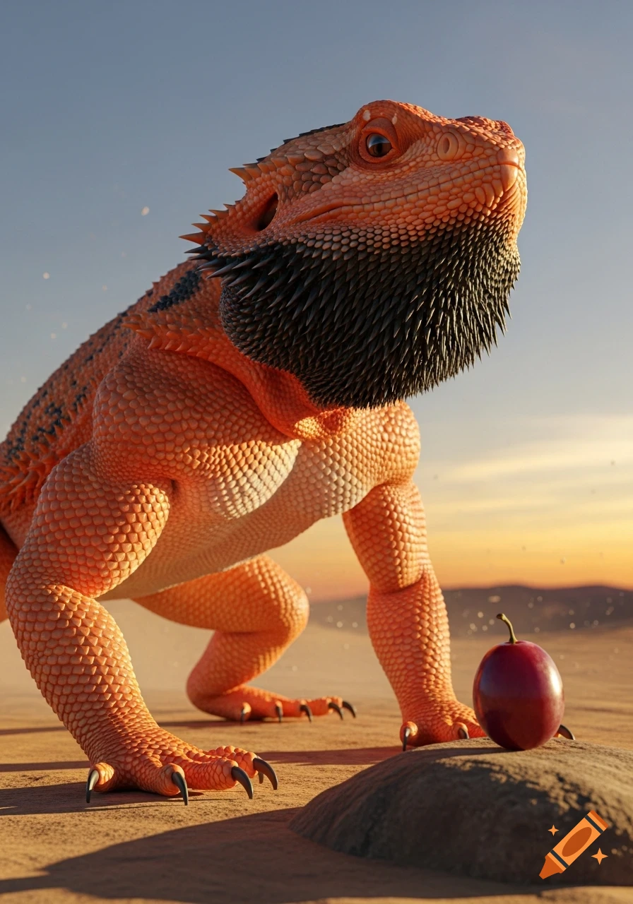A coral-colored bearded dragon with a black beard stands on sand, intensely staring at a red grape at sunset.