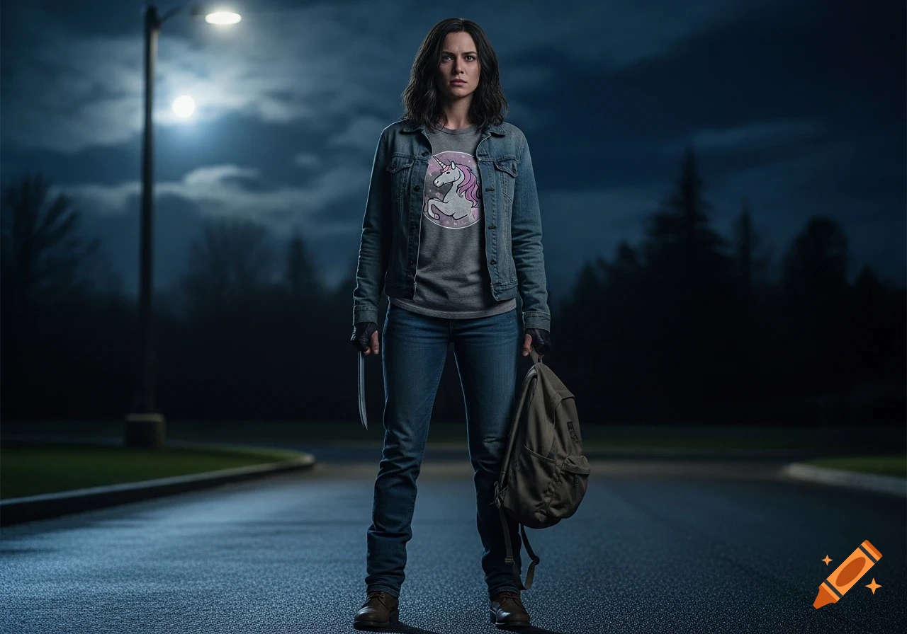 Photorealistic image of X-23 in a denim jacket and unicorn t-shirt, holding a claw and backpack on a street at night.