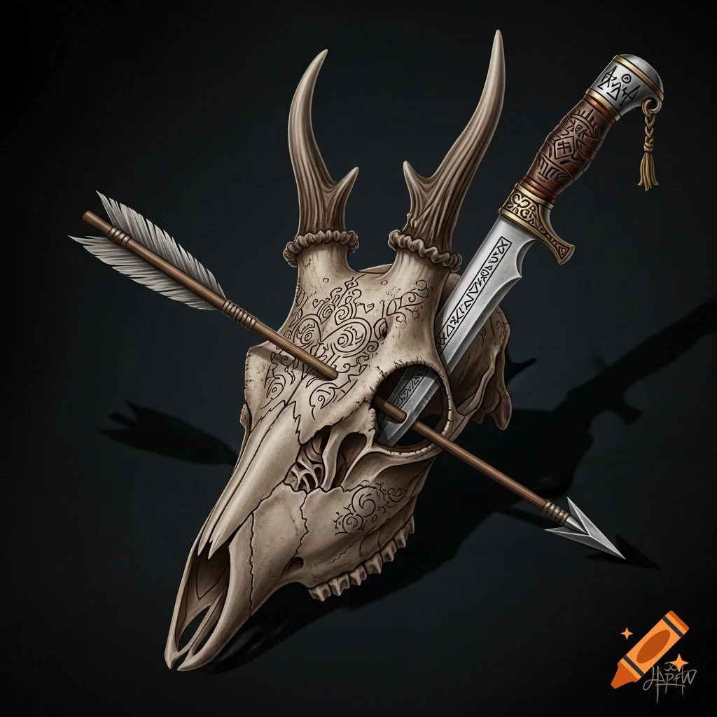 Stylized illustration of a deer skull with an arrow through its eye socket and a patterned knife in its temple, against a dark background.