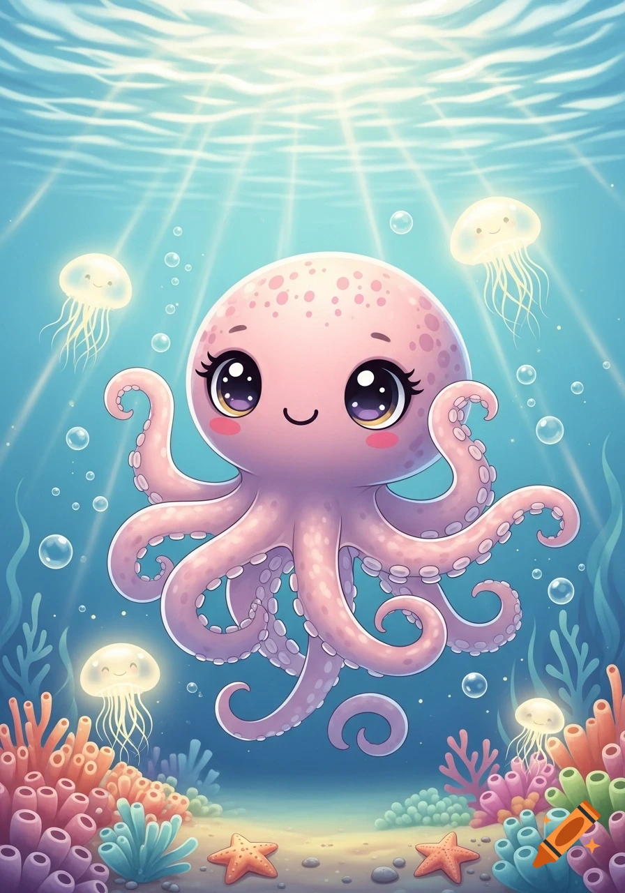 A cute pink cartoon octopus with big eyes smiles underwater, surrounded by glowing jellyfish, bubbles, colorful coral, and starfish.