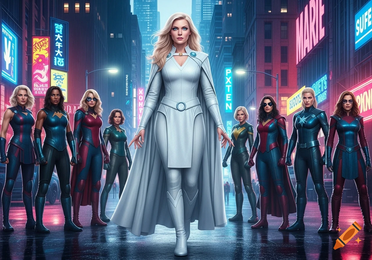 A lineup of female superheroes on a rainy city street at night. A woman in a white suit and cape stands prominently in the foreground, flanked by other heroines in colorful, form-fitting costumes under neon signs.