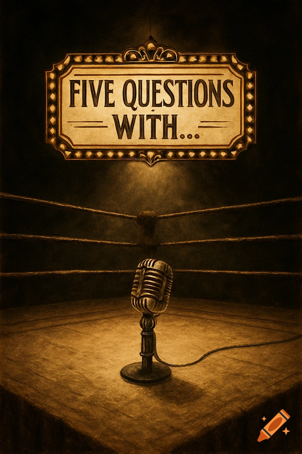 A vintage-style image of a spotlighted microphone in a wrestling ring, under a sign reading 'FIVE QUESTIONS WITH...'.