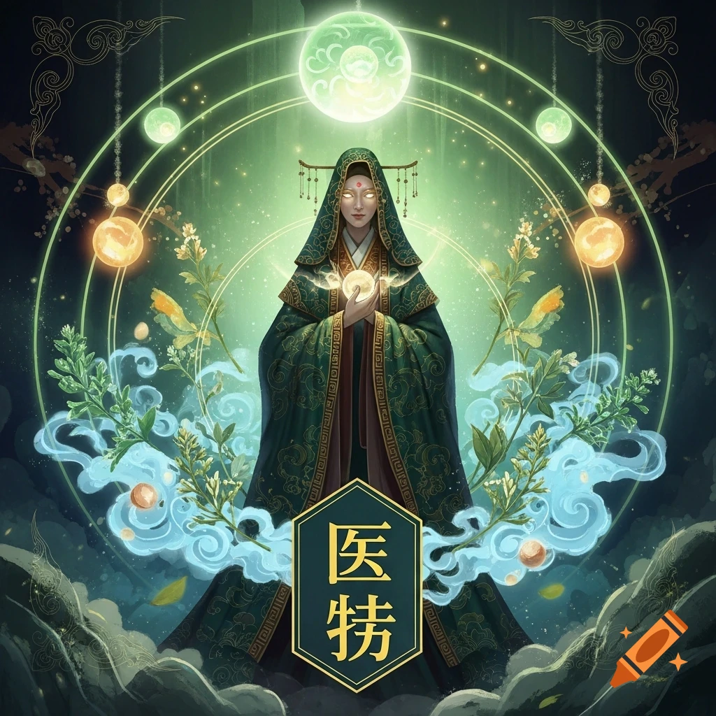 A mystical figure in a dark green robe holds a glowing orb, surrounded by swirling light, plants, and an ethereal green glow.