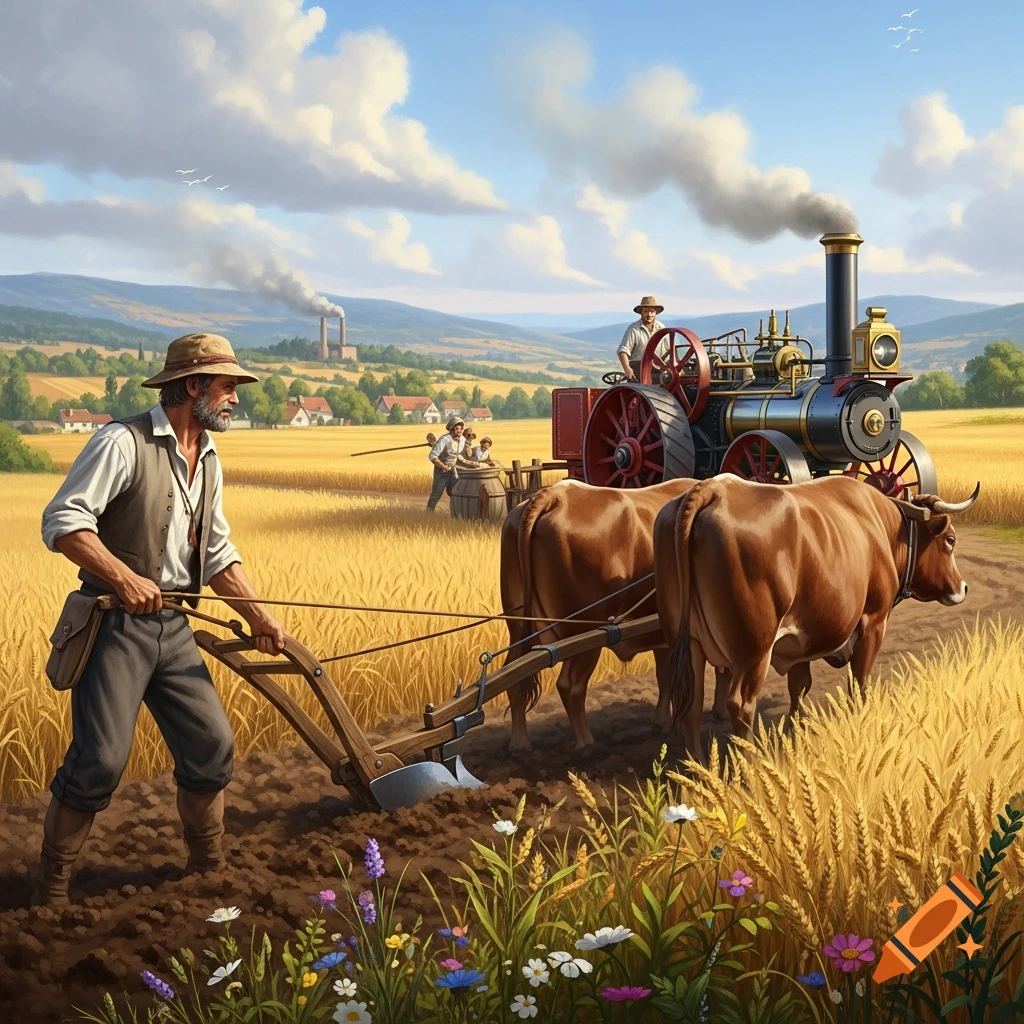 A farmer plows a golden wheat field with oxen, while a steam engine and more workers operate in the background of a rural landscape with a distant village and factories under a blue sky.